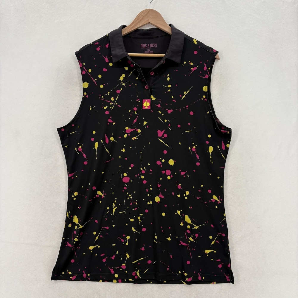 Pins & Aces Polo Shirt Womens 3XL Black Paint Splatter Graphic Golf Sleeveless